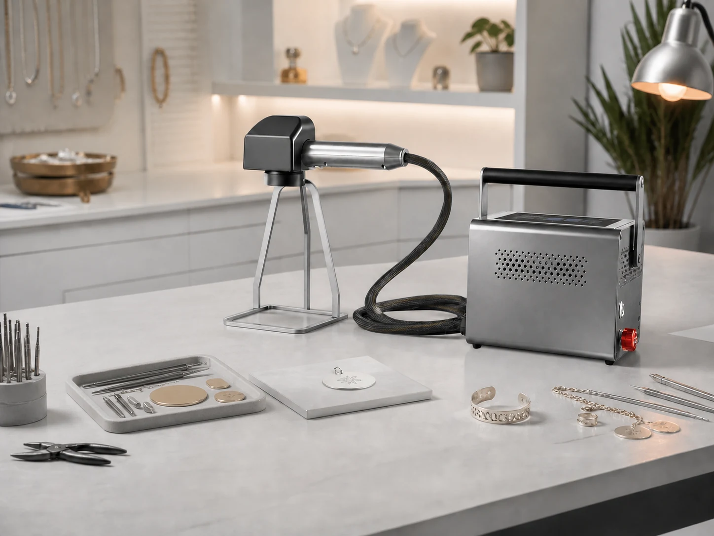 Compact jewelry studio prepared for professional metal personalization