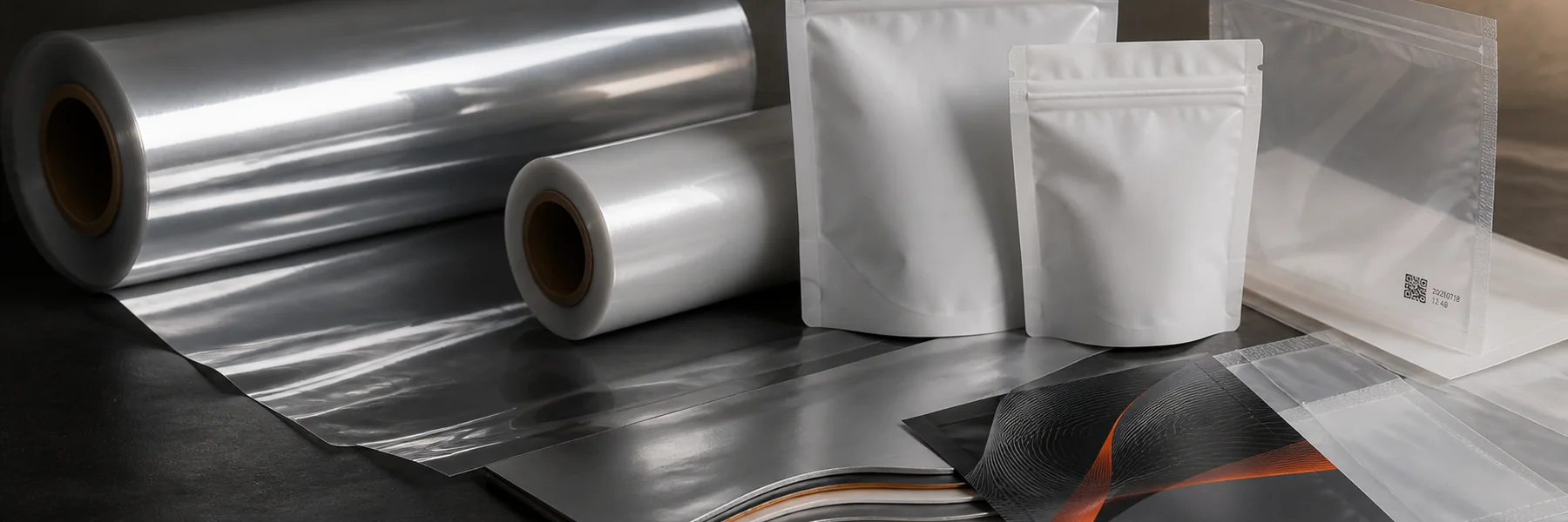 Flexible packaging films, clear film rolls and unbranded pouches for UV laser application testing