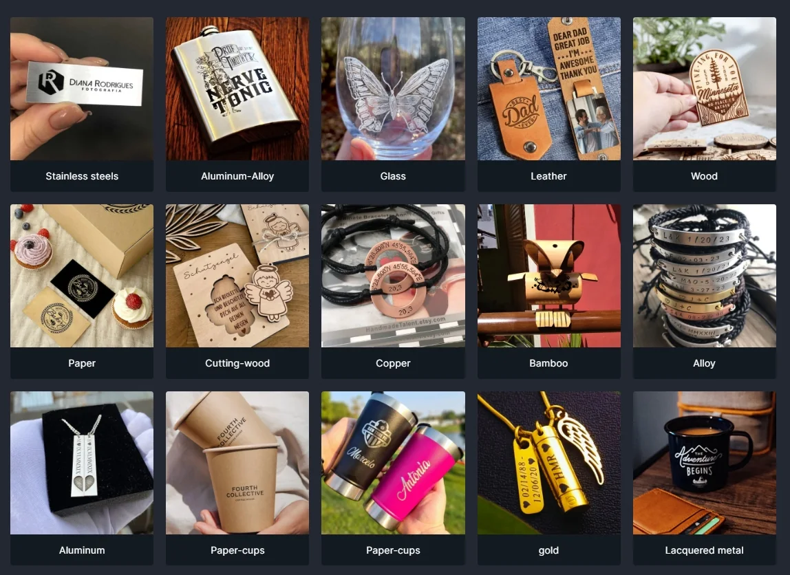 ILLUMEX sample library showing multiple engraved materials and finished products