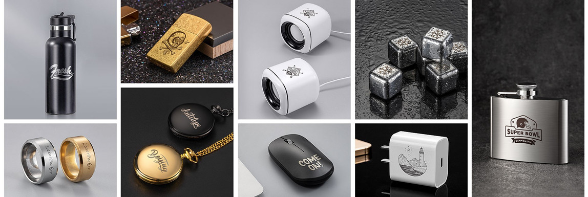 Collection of marked metal bottles, rings, lighters, accessories and products