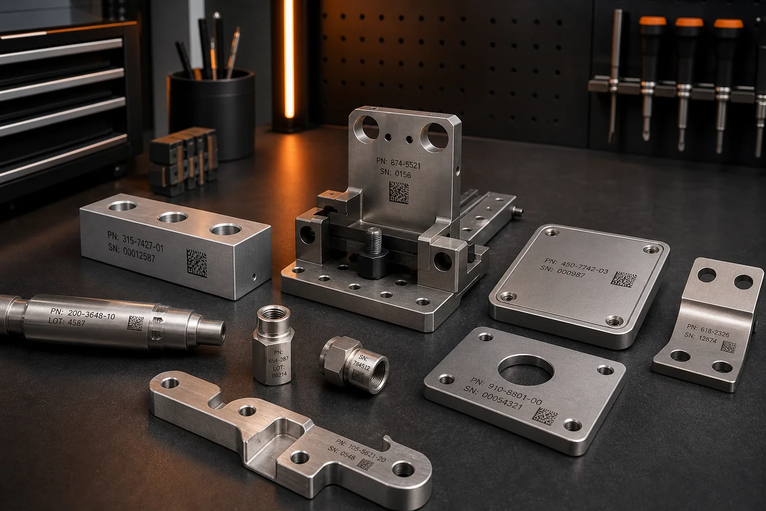 Small production batch of metal parts marked with serial numbers, part numbers and traceability codes