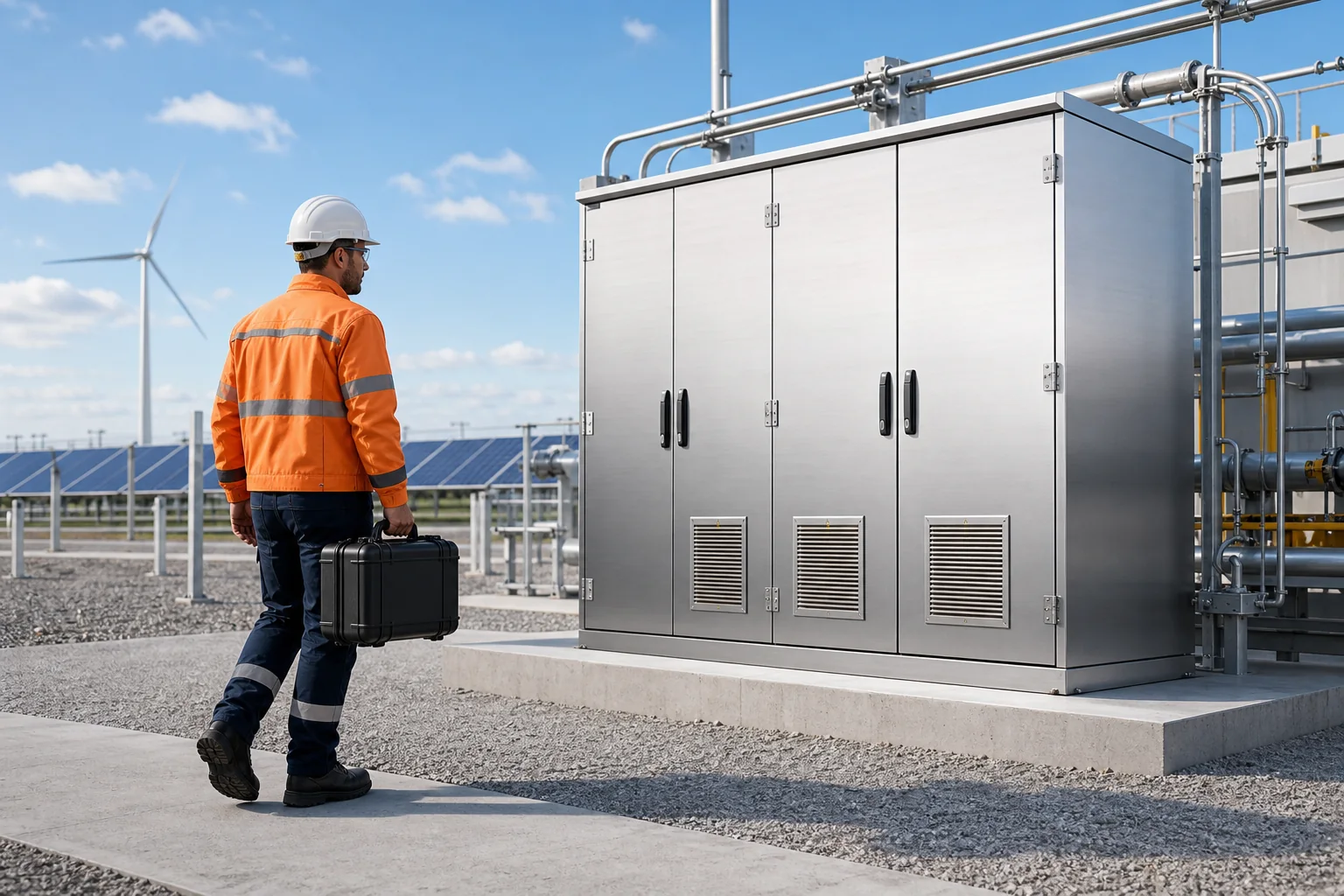 Field technician bringing portable equipment to fixed outdoor metal infrastructure