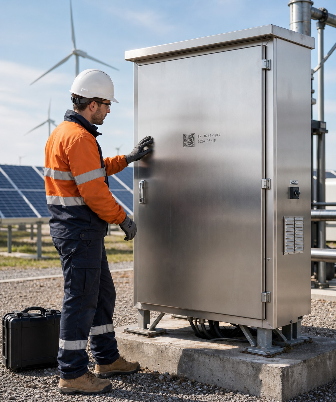 Field technician bringing portable equipment to fixed outdoor metal infrastructure